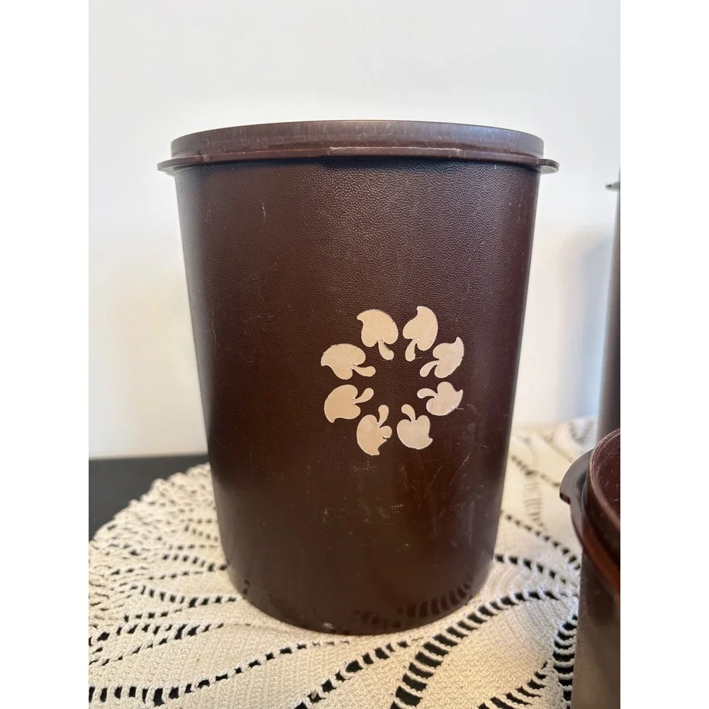 Vintage Tupperware Servalier Canister Set Brown Floral 809-13 809-14 1298-11 3pc